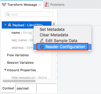 A Reader Configuration in the Transform Message component