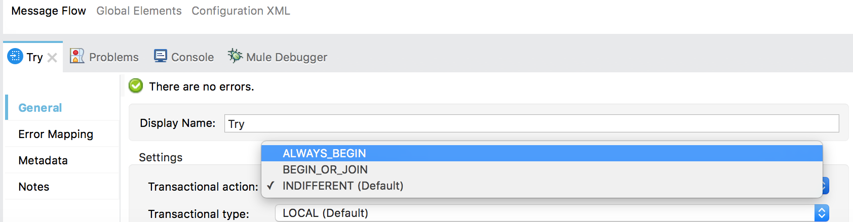 A configuration panel for a Try scope in Mule with transactional settings