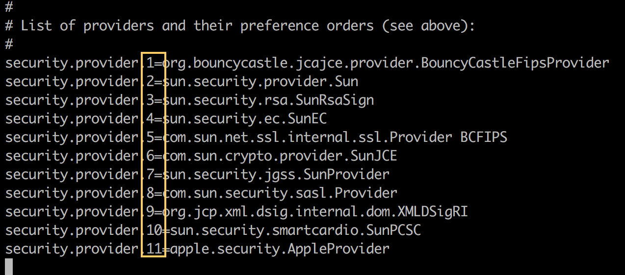 A list of security providers in sequential order