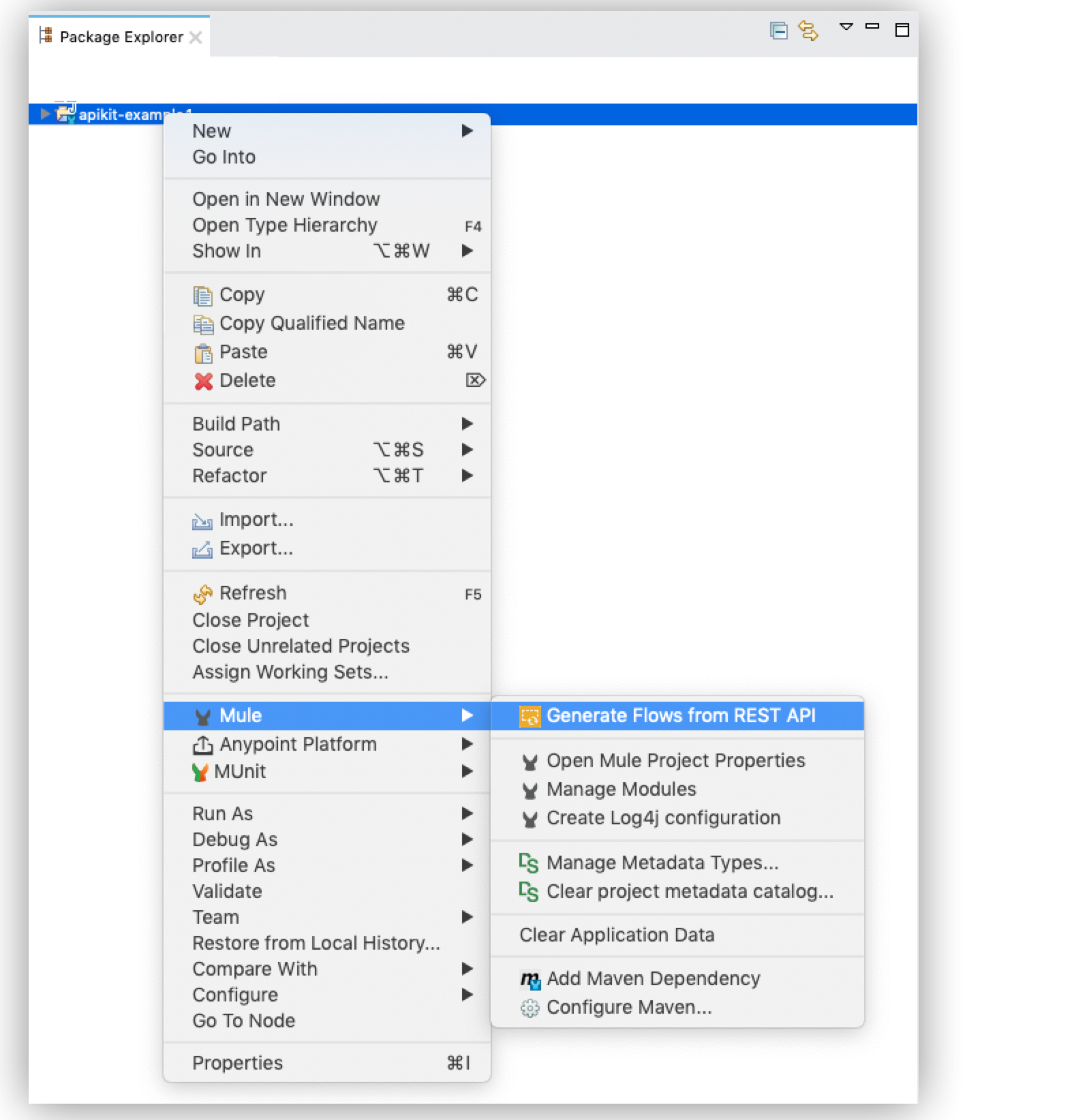 A Package Explorer view showing options for generating backend flows from Mule project