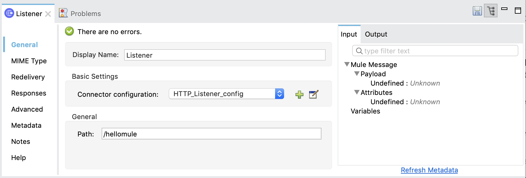 Configuration settings for an HTTP Listener in a Mule application