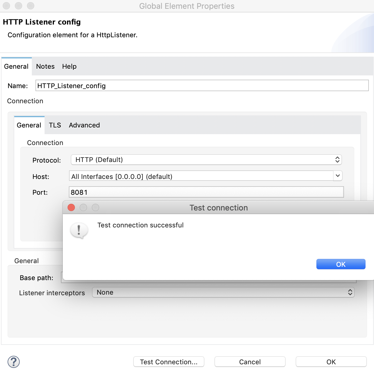 Panel showing successful HTTP Listener connection test in Mule