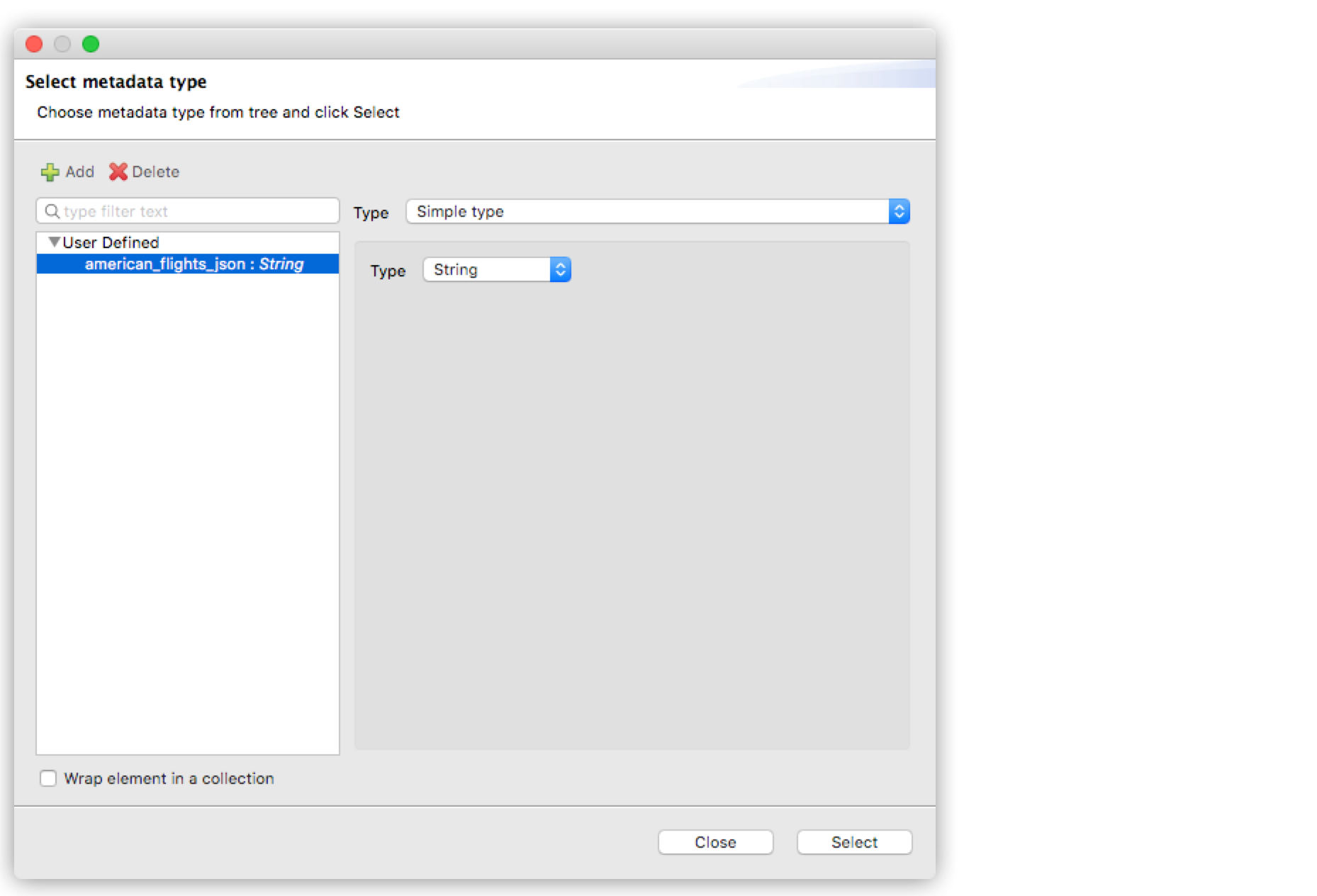 An interface for selecting metadata type with options for simple and user-defined types