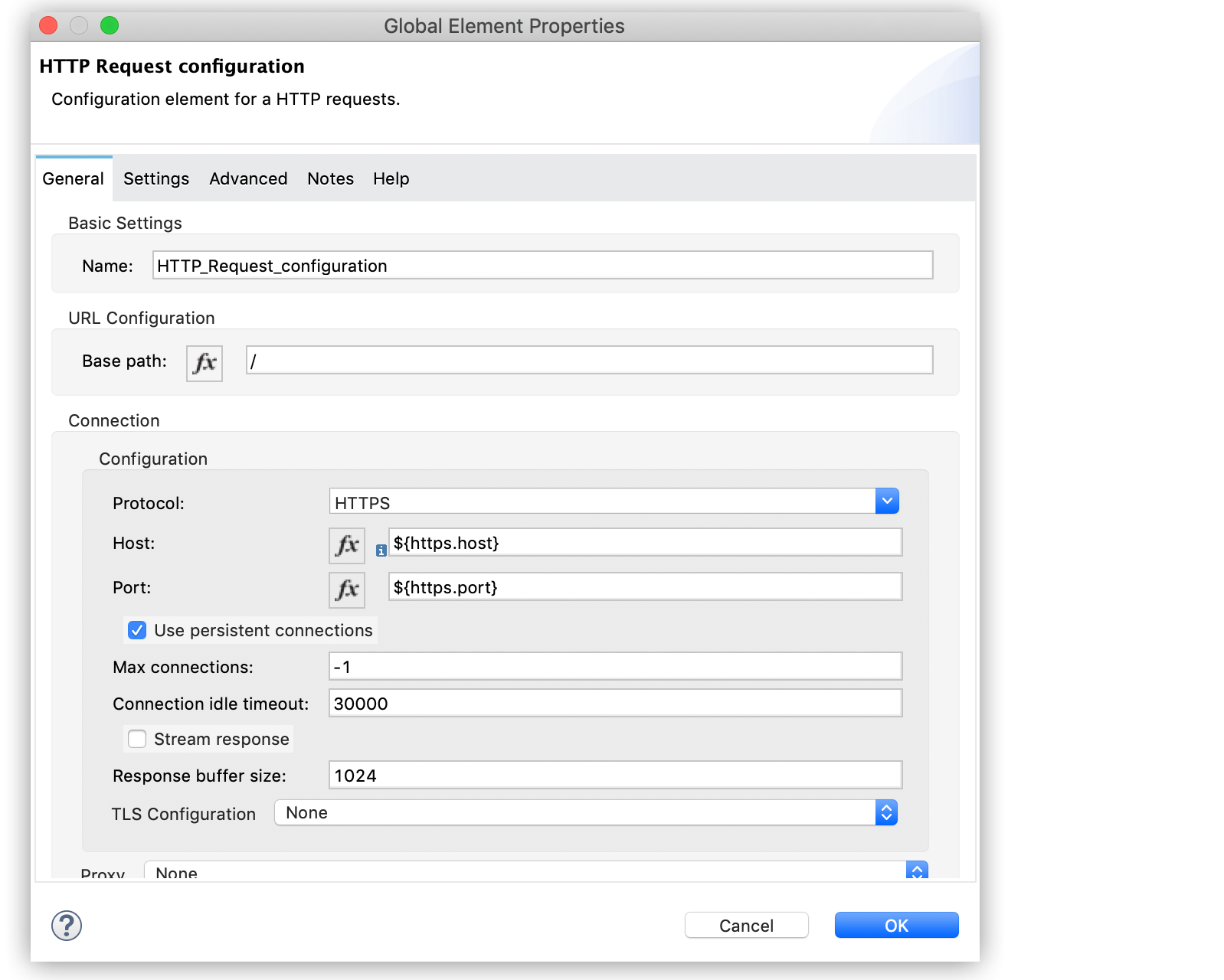 An HTTP Request showing settings for protocol, host, port, and persistent connections configuration