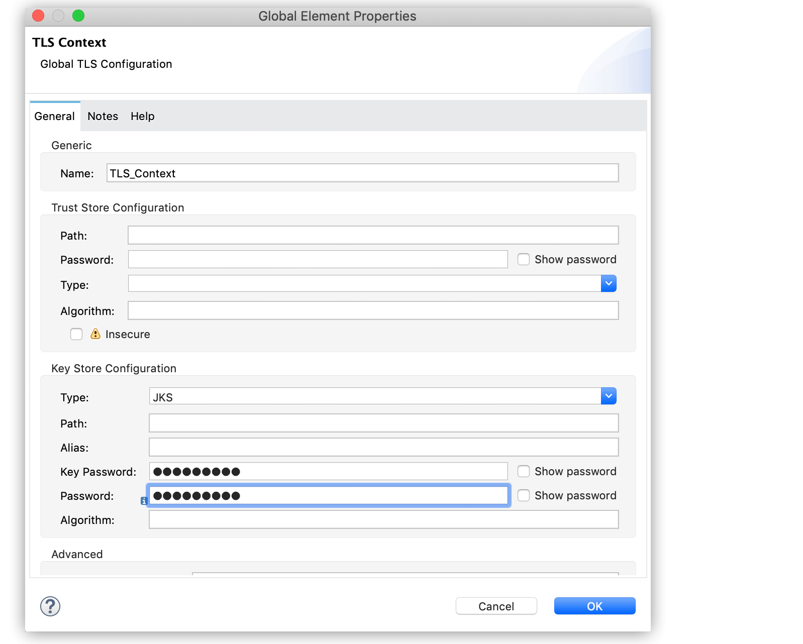 A TLS configuration showing settings for trust store and key store configurations