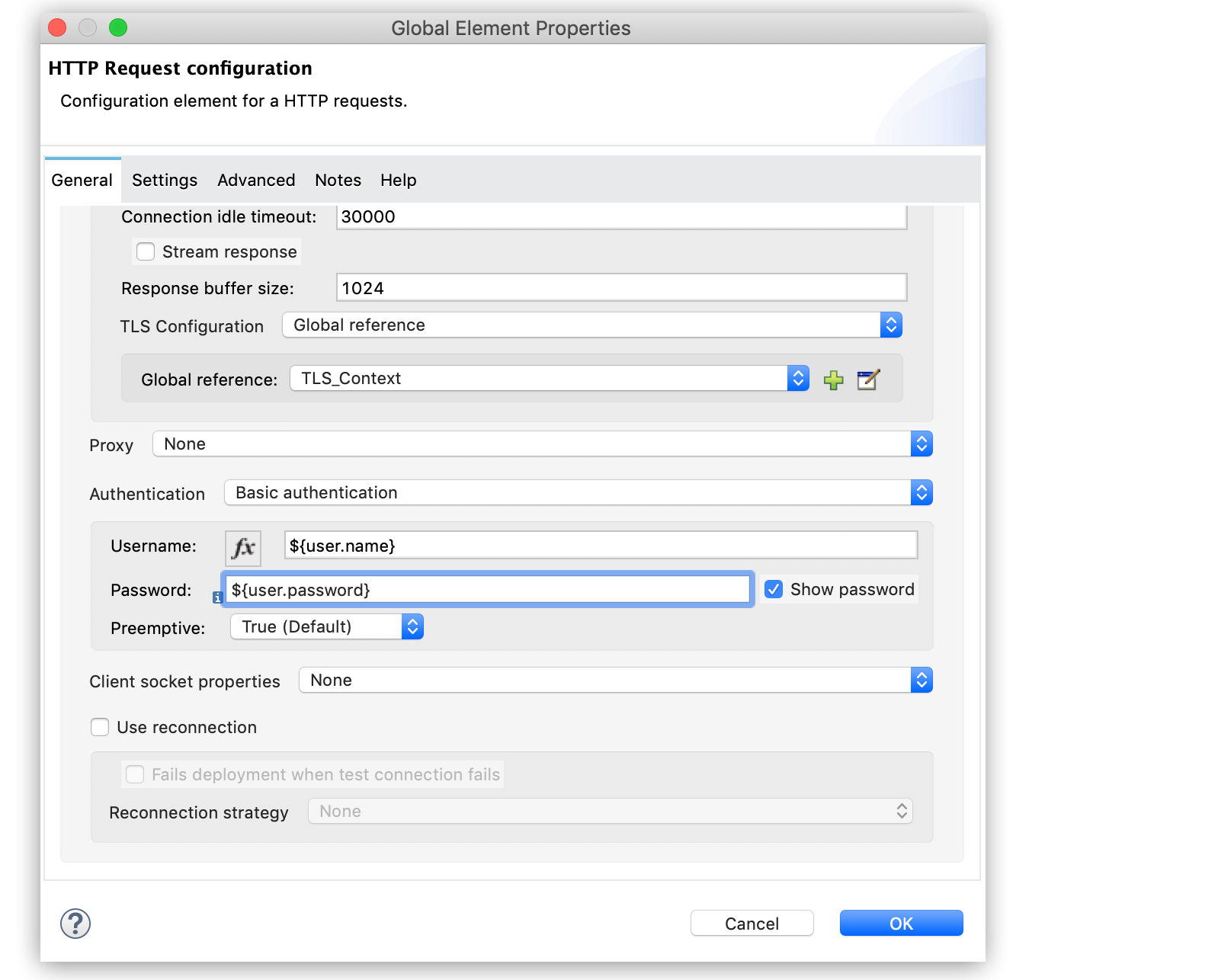 An HTTP Request showing settings for connection timeout, response buffer size, and TLS configuration