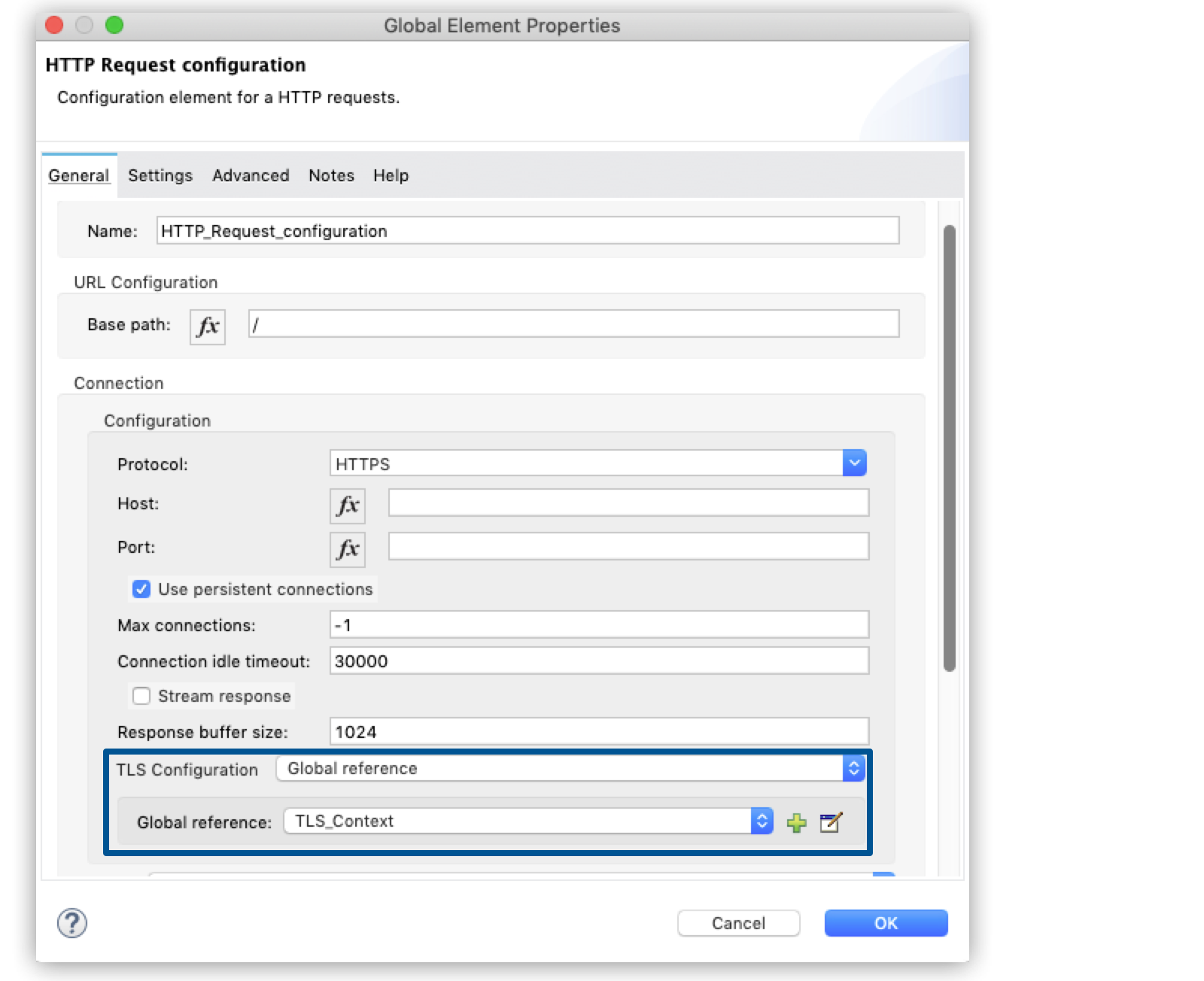 An HTTP Request configuration including TLS and proxy details