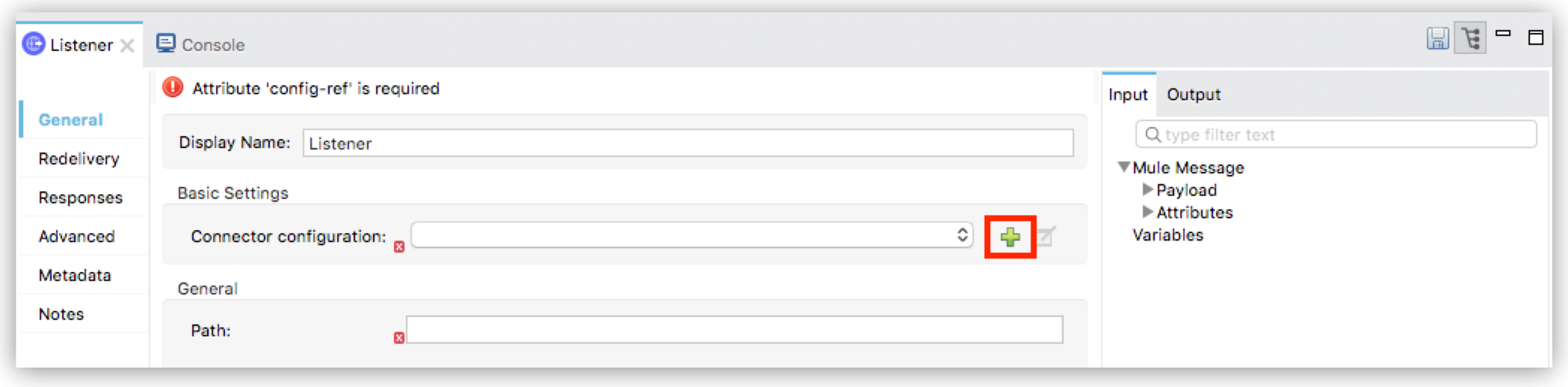 A Listener configuration panel in Mule showing required settings for connector configuration