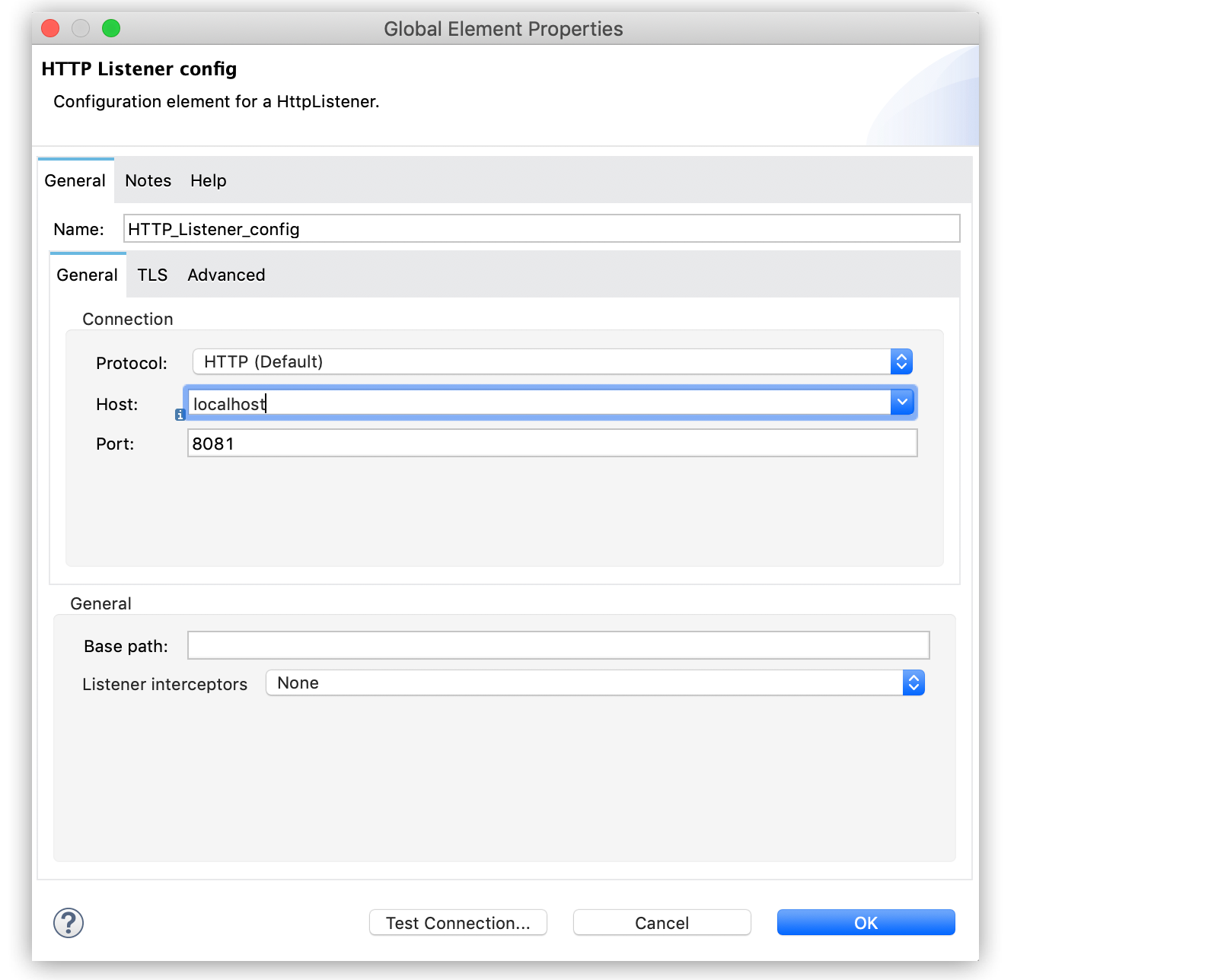 HTTP Listener configuration showing protocol, host, and port settings