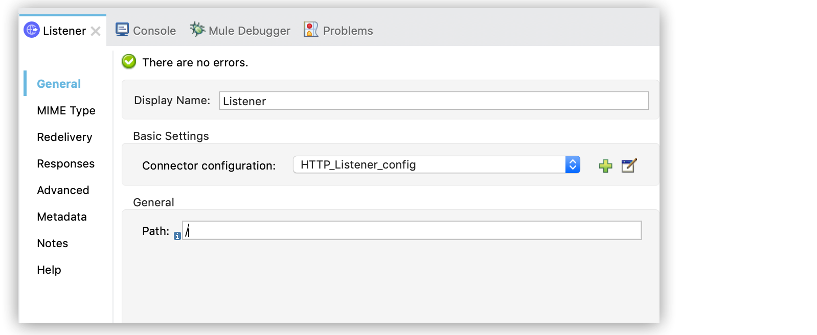 Configuration settings for an HTTP Listener including path, MIME type, and error handling