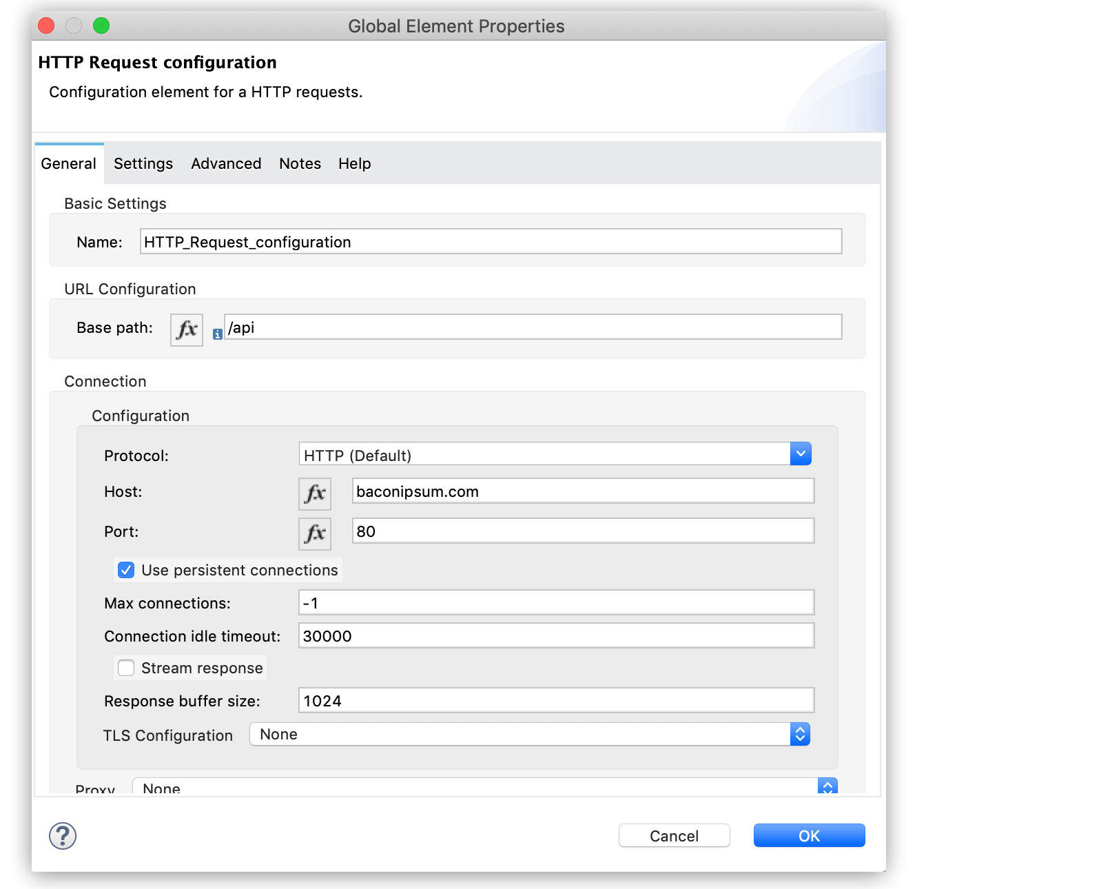 Configuration settings for an HTTP Request including URL, host, port, and connection details
