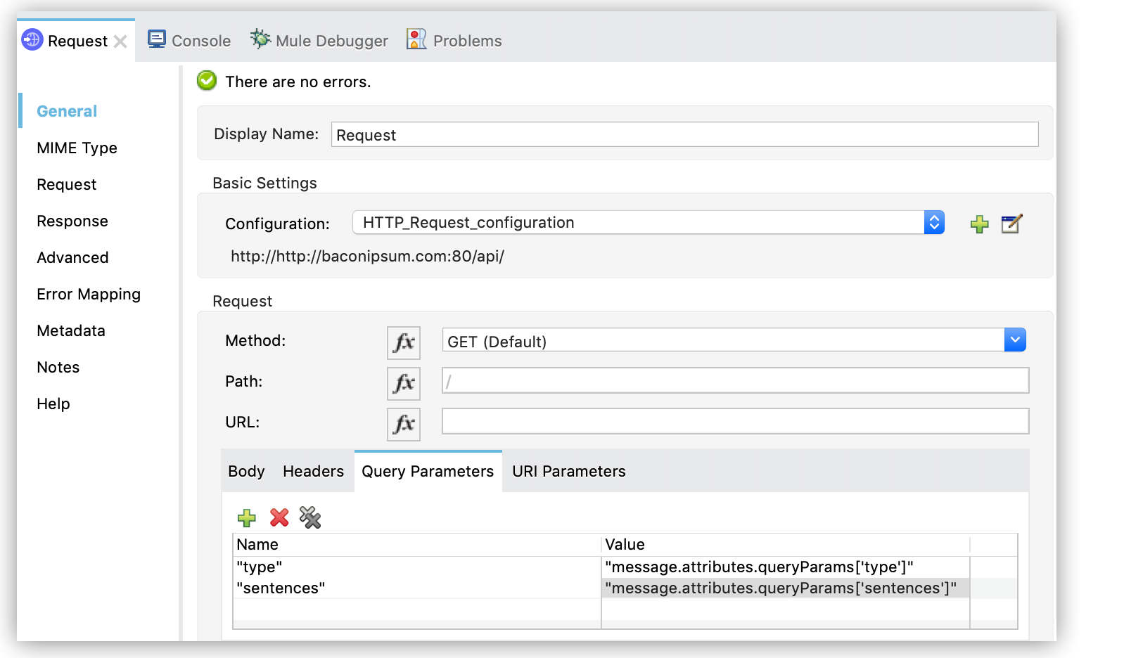 Configuration panel for an HTTP Request showing method, path, and URL settings