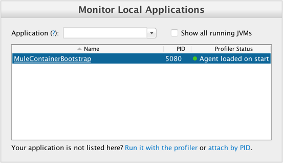 A table listing applications with their PID and profiler status