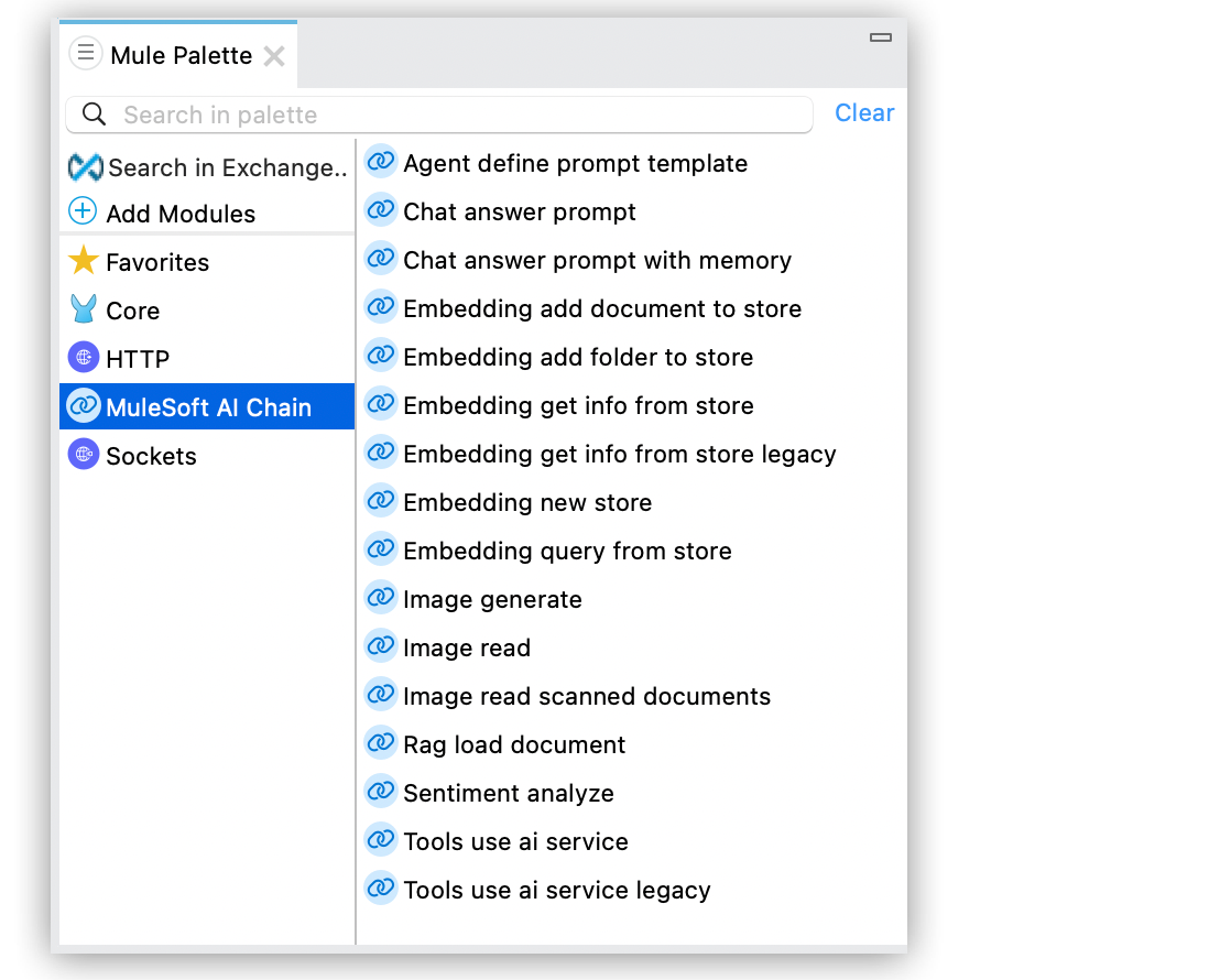 Mule palette in Studio with MuleSoft AI Chain selected and all of the connector’s operations listed