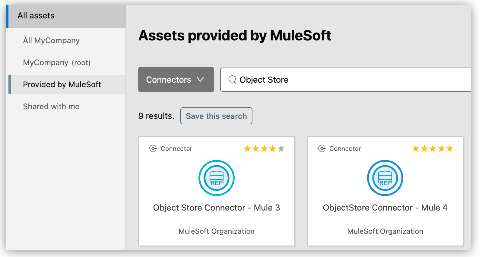 Provided by MuleSoft option and search field in Exchange