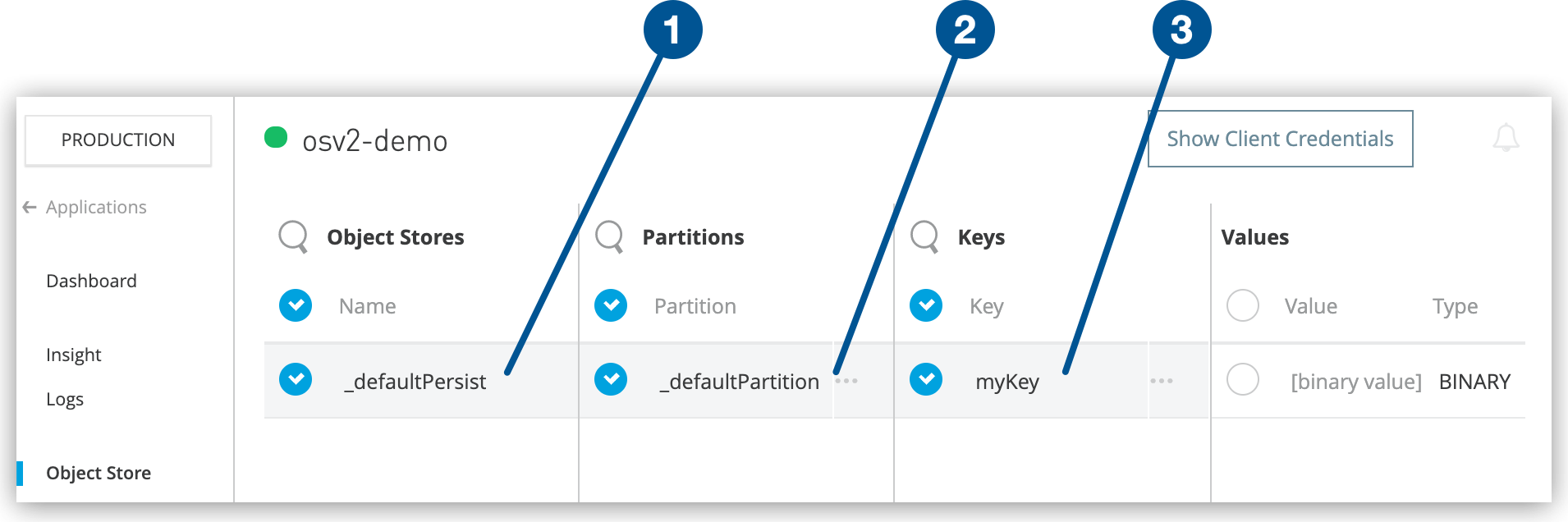 Key and value in the object store in Runtime Manager