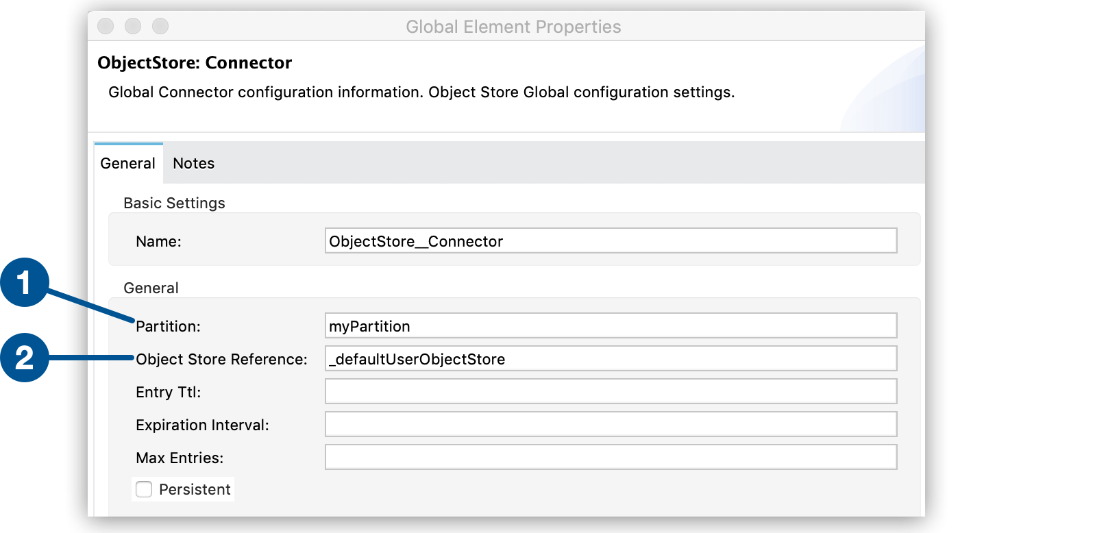 Partition and Object Store Reference fields in the Global Element Properties window
