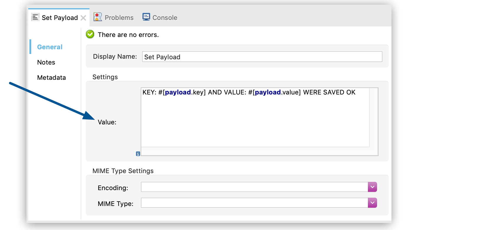 Value field in the Set Payload properties window