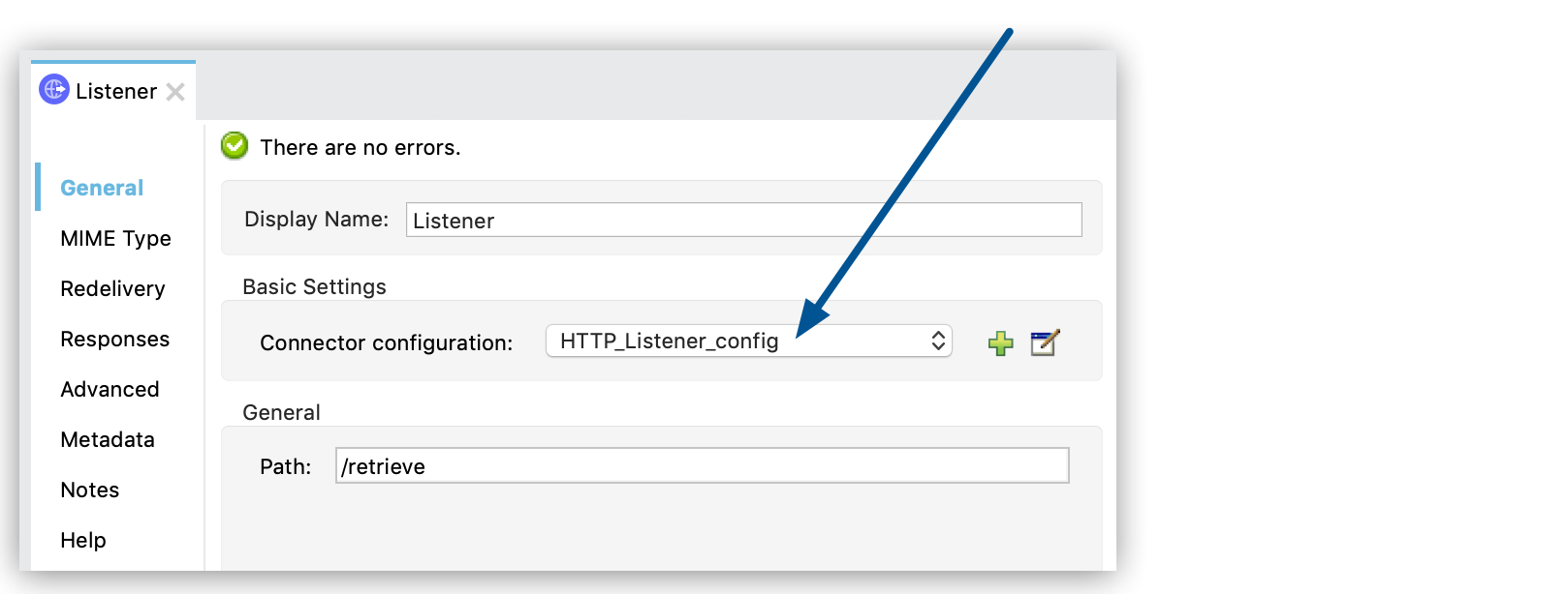 Connector configuration menu in the Listener properties window