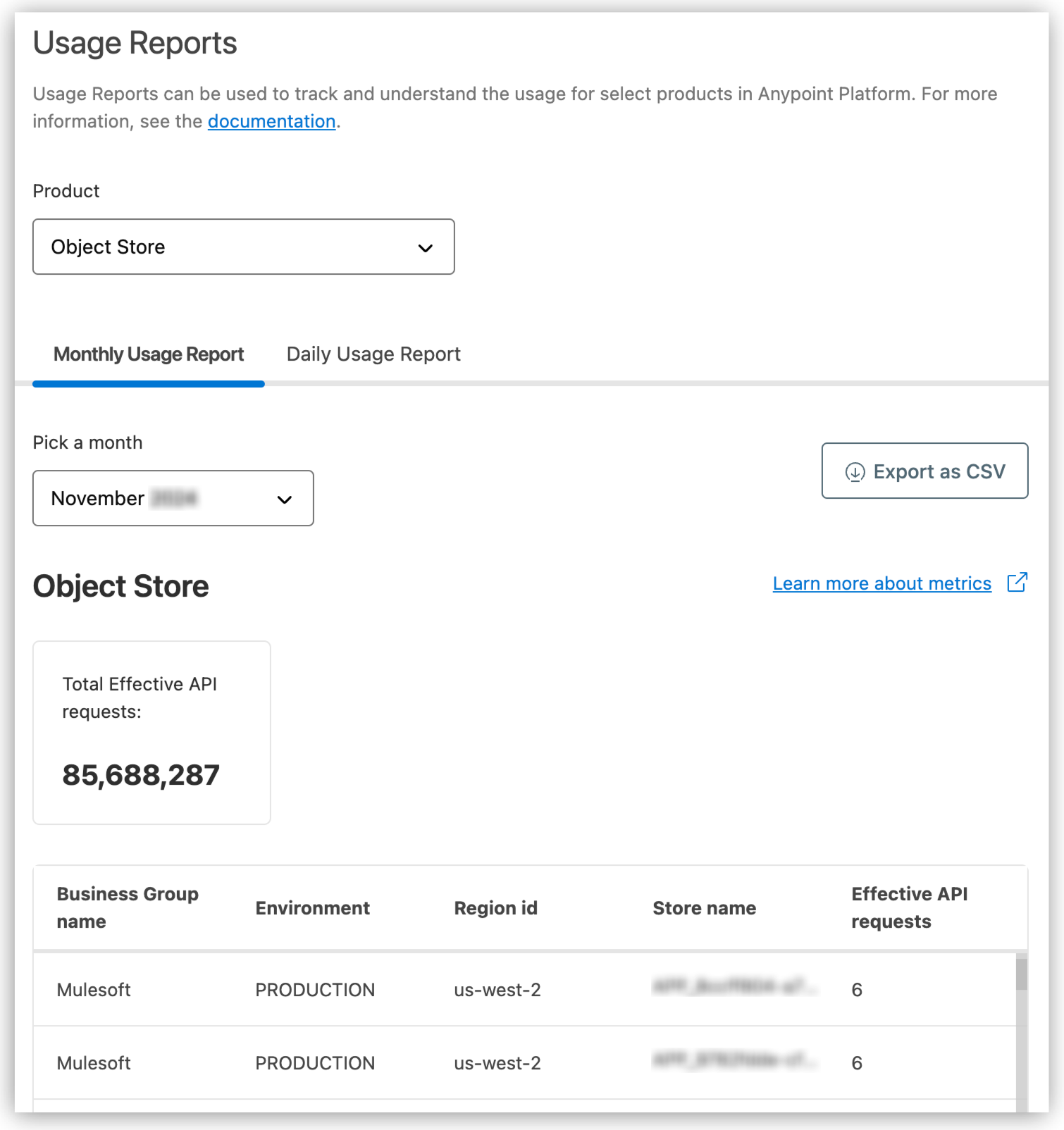 Object Store on the Usage Reports page