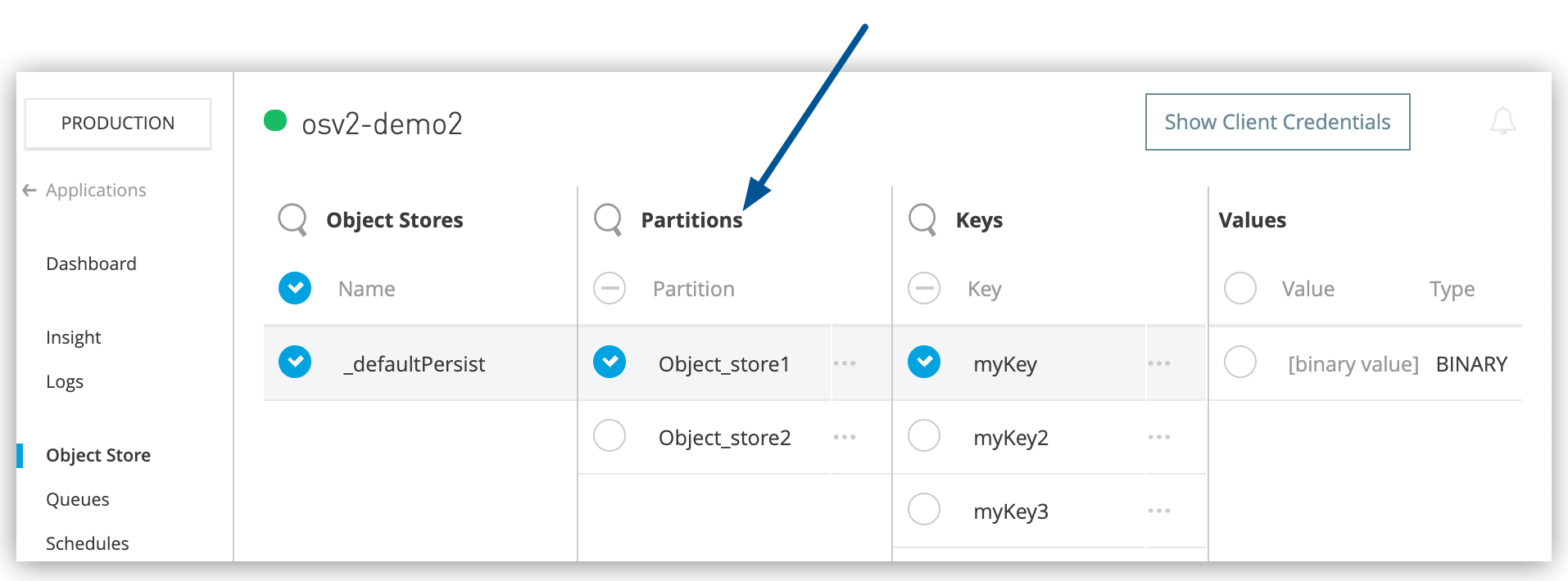 Partitions in the Object Store page