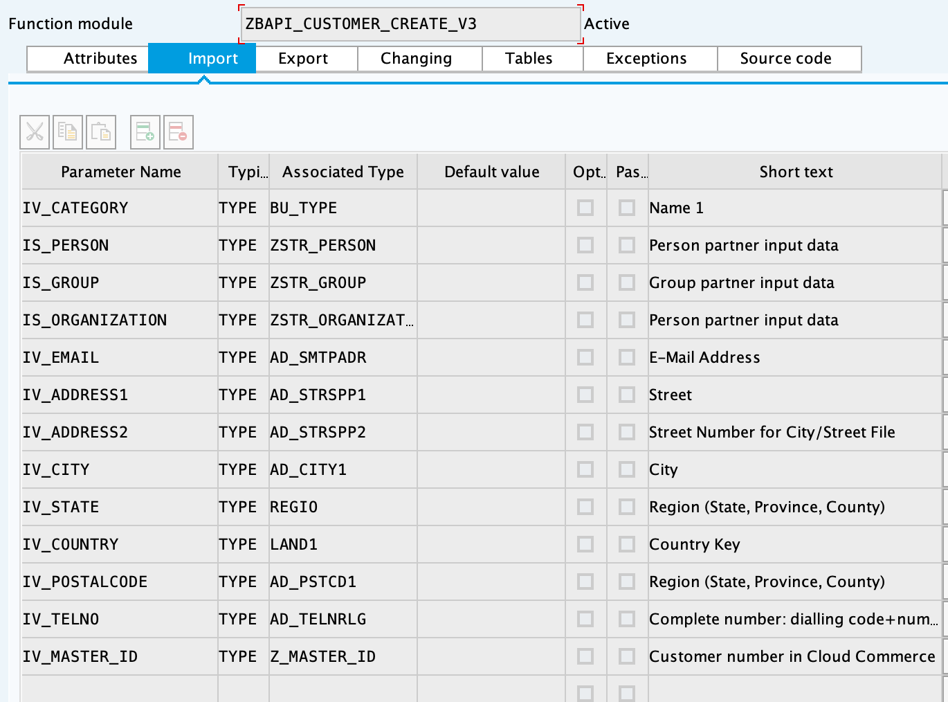 SAP import parameters for ZBAPI_CUSTOMER_CREATE_V3