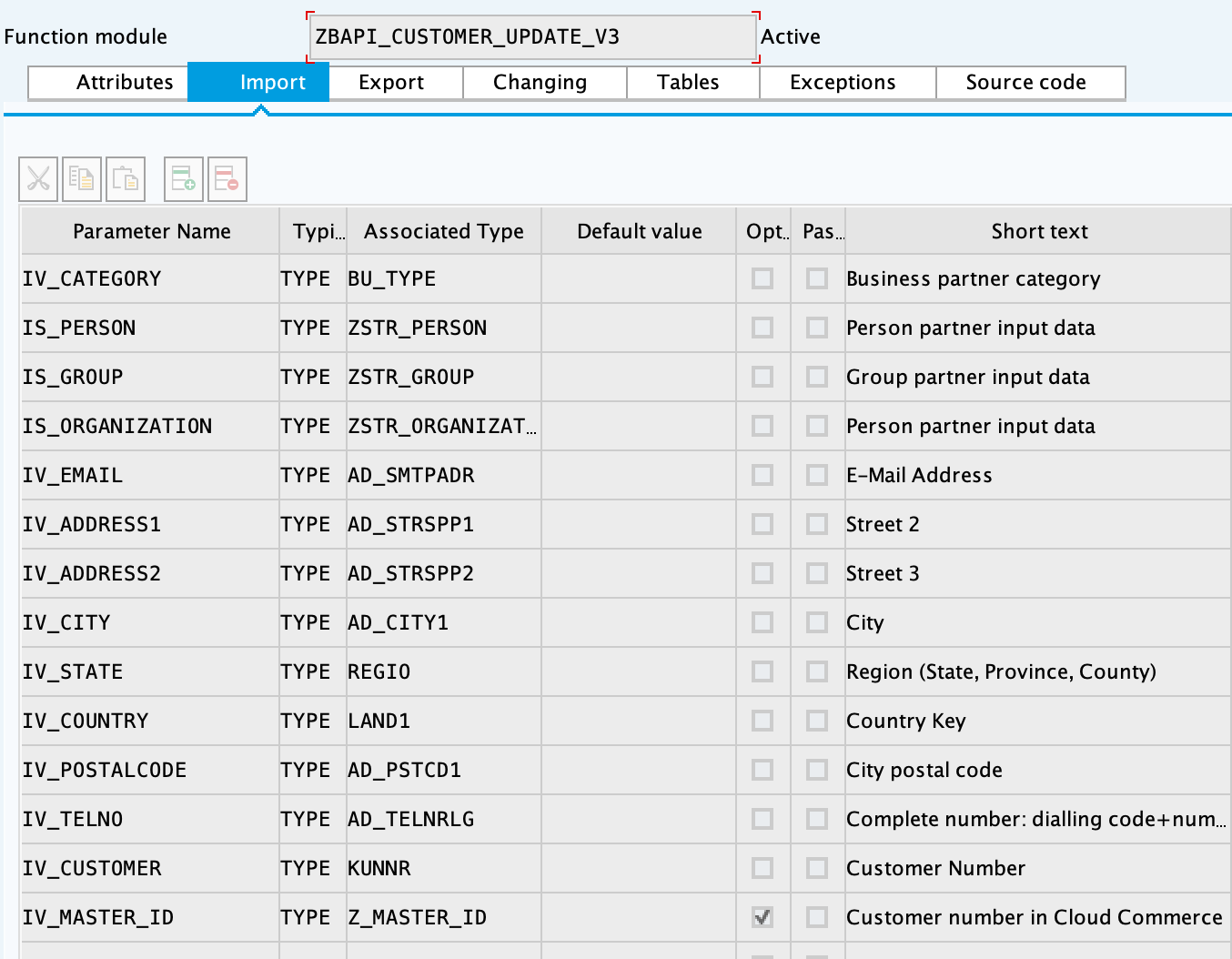 SAP import parameters for ZBAPI_CUSTOMER_UPDATE_V3