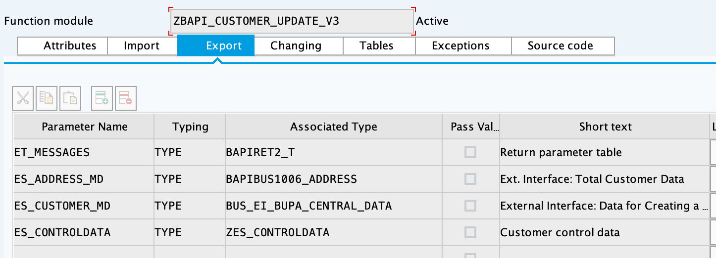 SAP export parameters for ZBAPI_CUSTOMER_UPDATE_V3