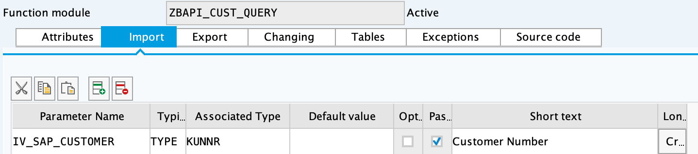 SAP import parameters for ZBAPI_CUST_QUERY