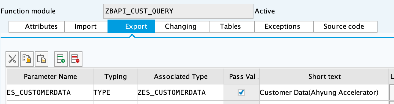 SAP export parameters for ZBAPI_CUST_QUERY