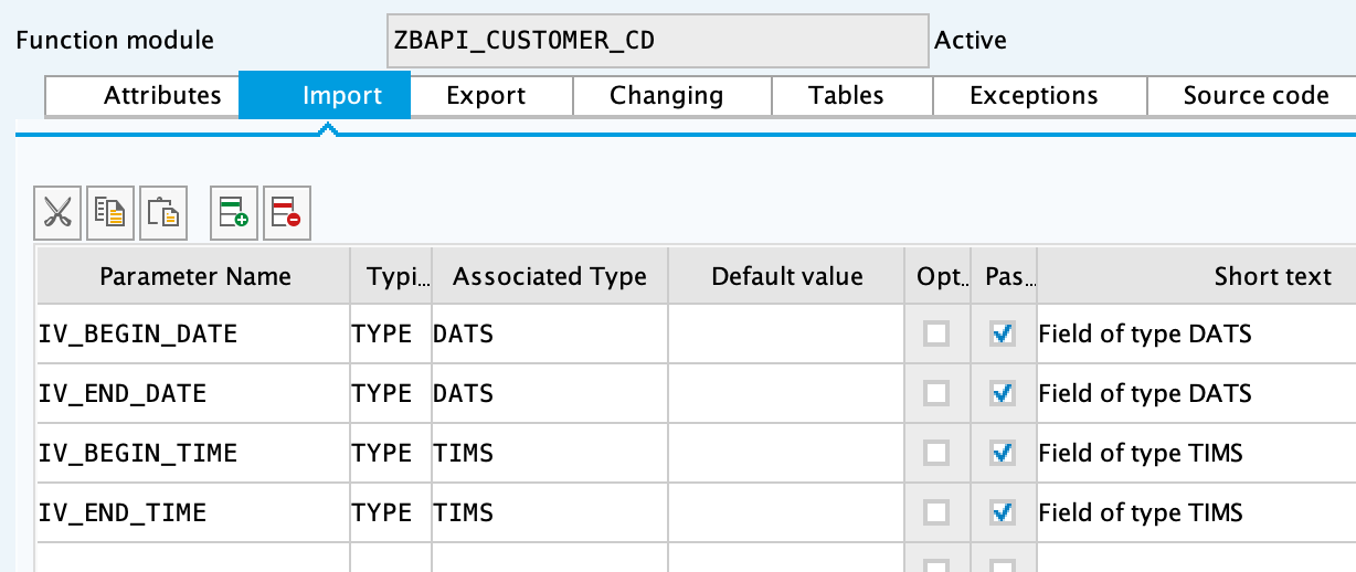 SAP import parameters for ZBAPI_CUSTOMER_CD