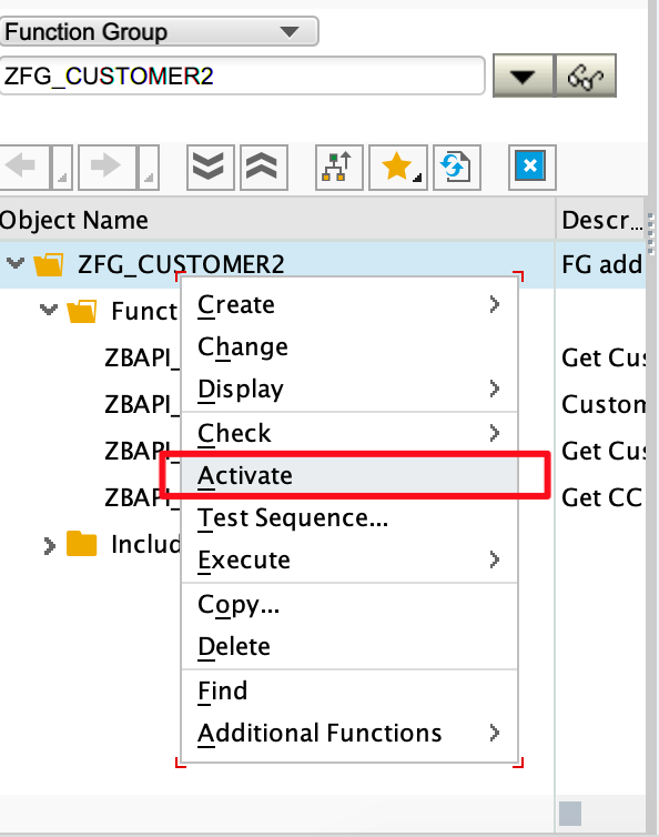 SAP command to activate custom BAPI function modules