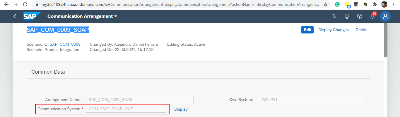 SAP S/4HANA Communication Arrangement with Communication System selected