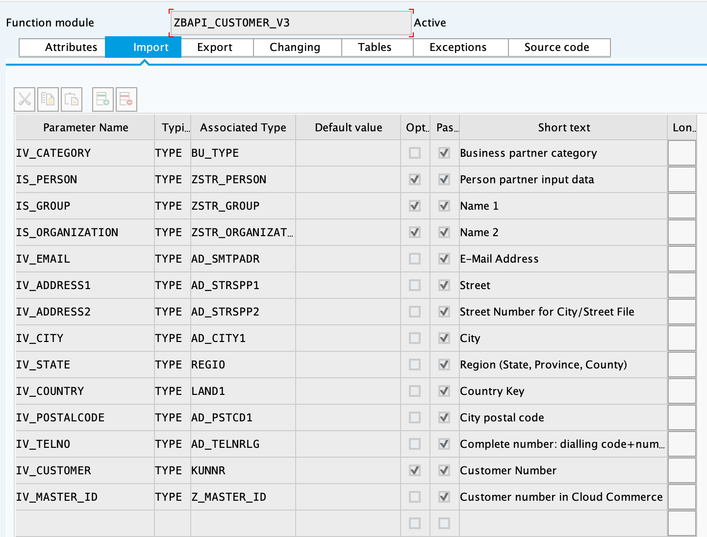 SAP import parameters for ZBAPI_CUSTOMER_V3