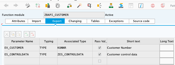 SAP export parameters for ZBAPI_CUSTOMER_V3