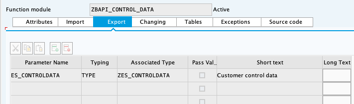 SAP export parameters for ZBAPI_CONTROL_DATA_V3