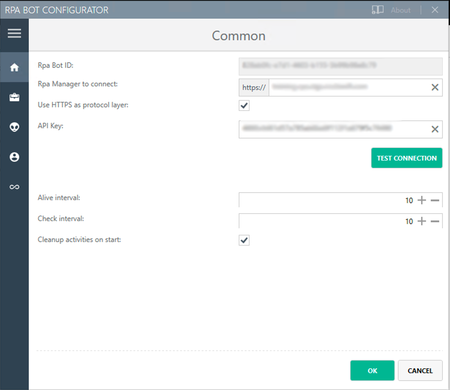 The RPA Bot configurator application showing the Common settings panel