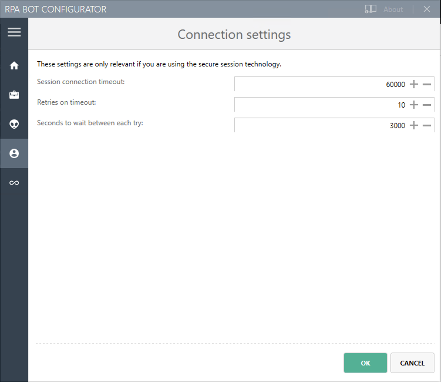 The RPA Bot configurator application showing the Connection settings panel