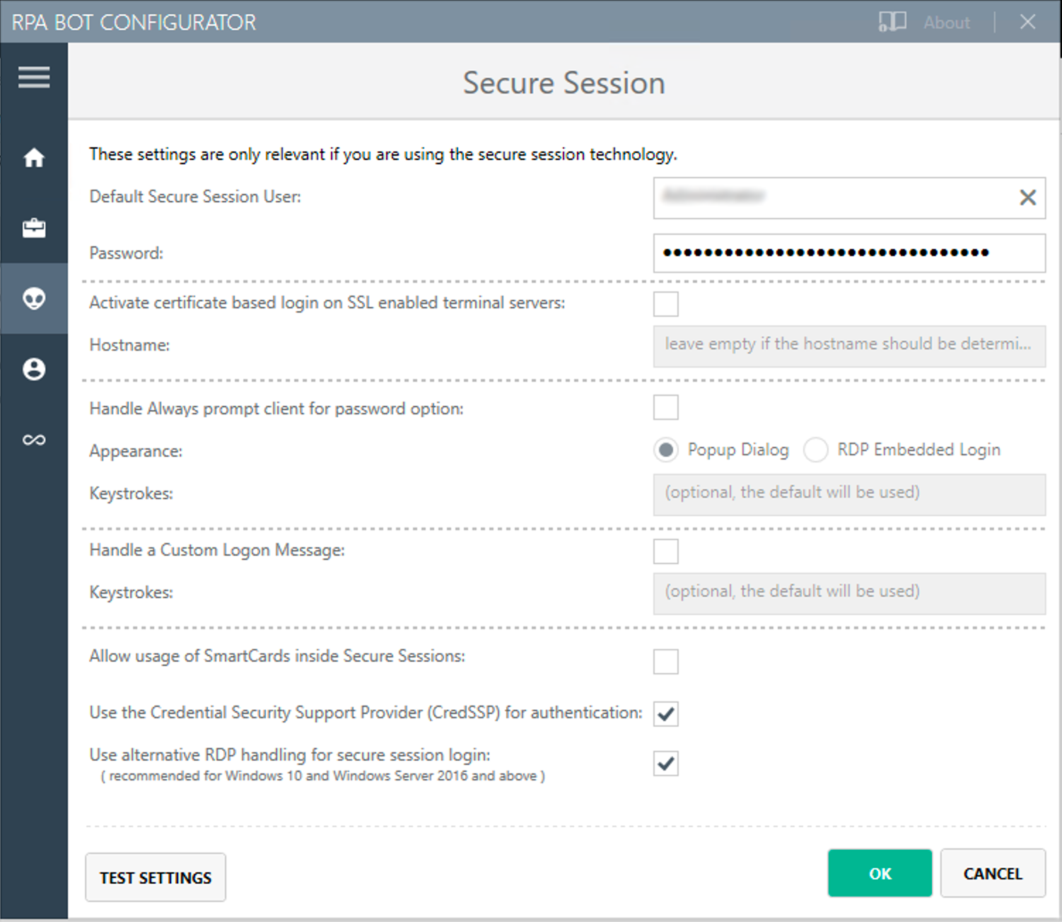 The RPA Bot configurator application showing the Secure Session settings panel