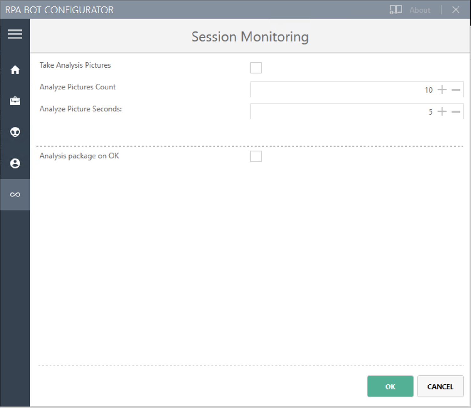 The RPA Bot configurator application showing the Session Monitoring settings panel