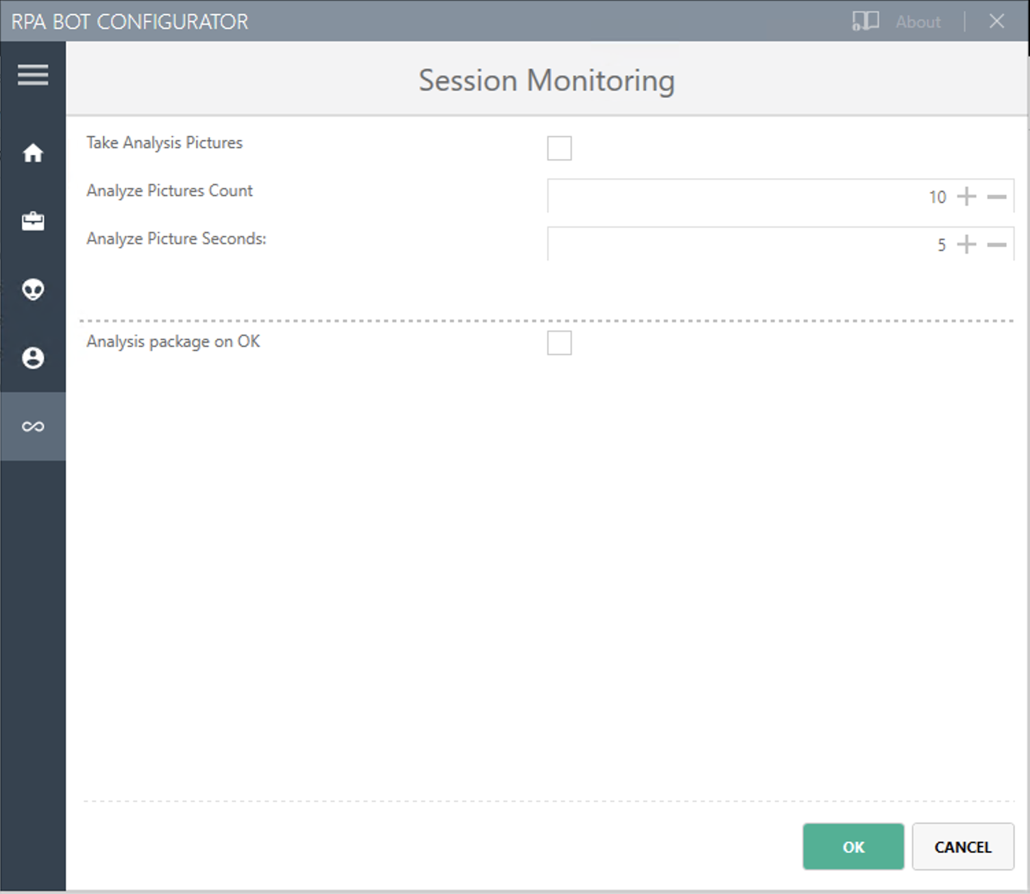 The RPA Bot Configurator application showing the Session Monitoring settings panel