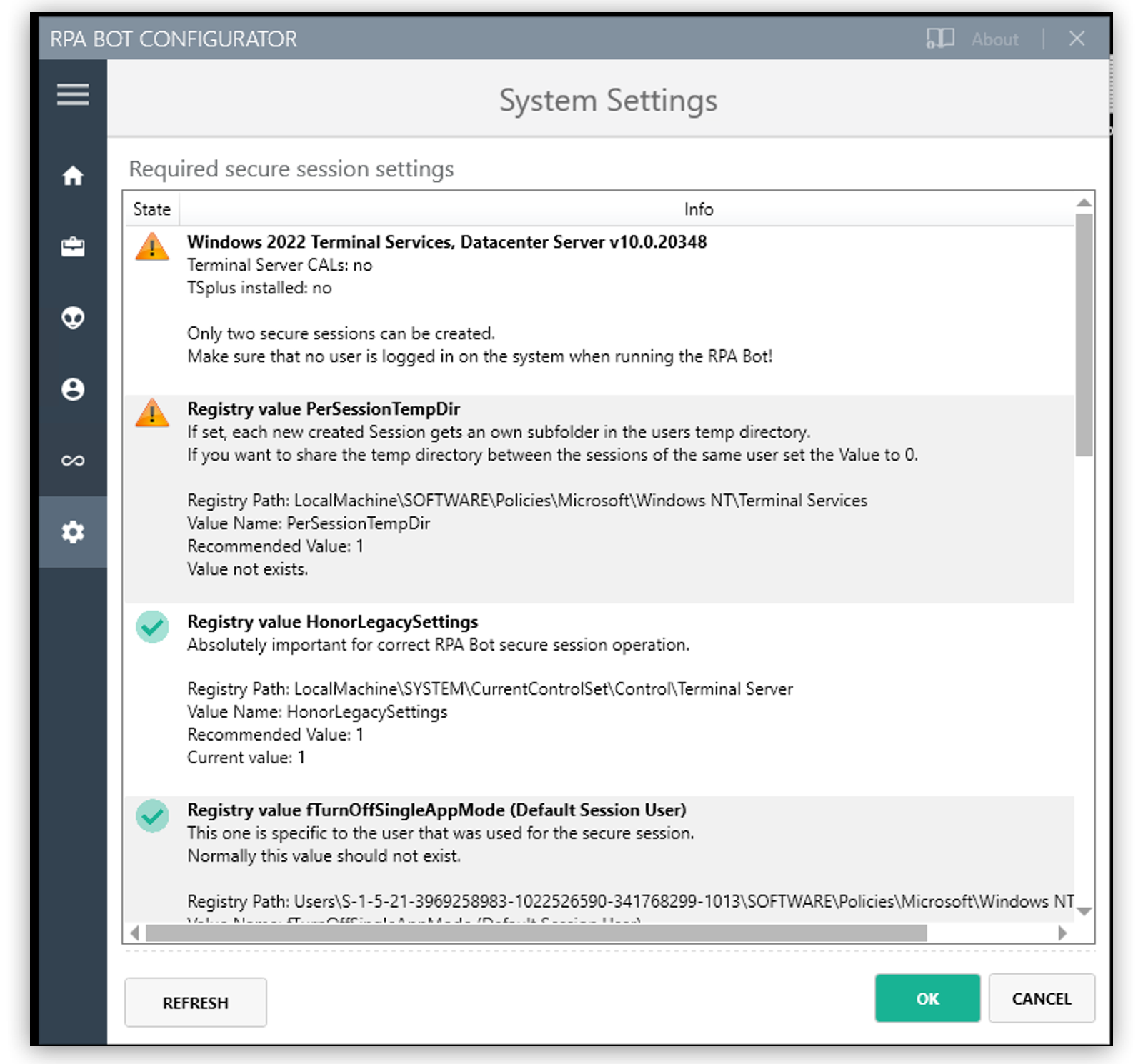 The RPA Bot configurator application showing the System Settings panel