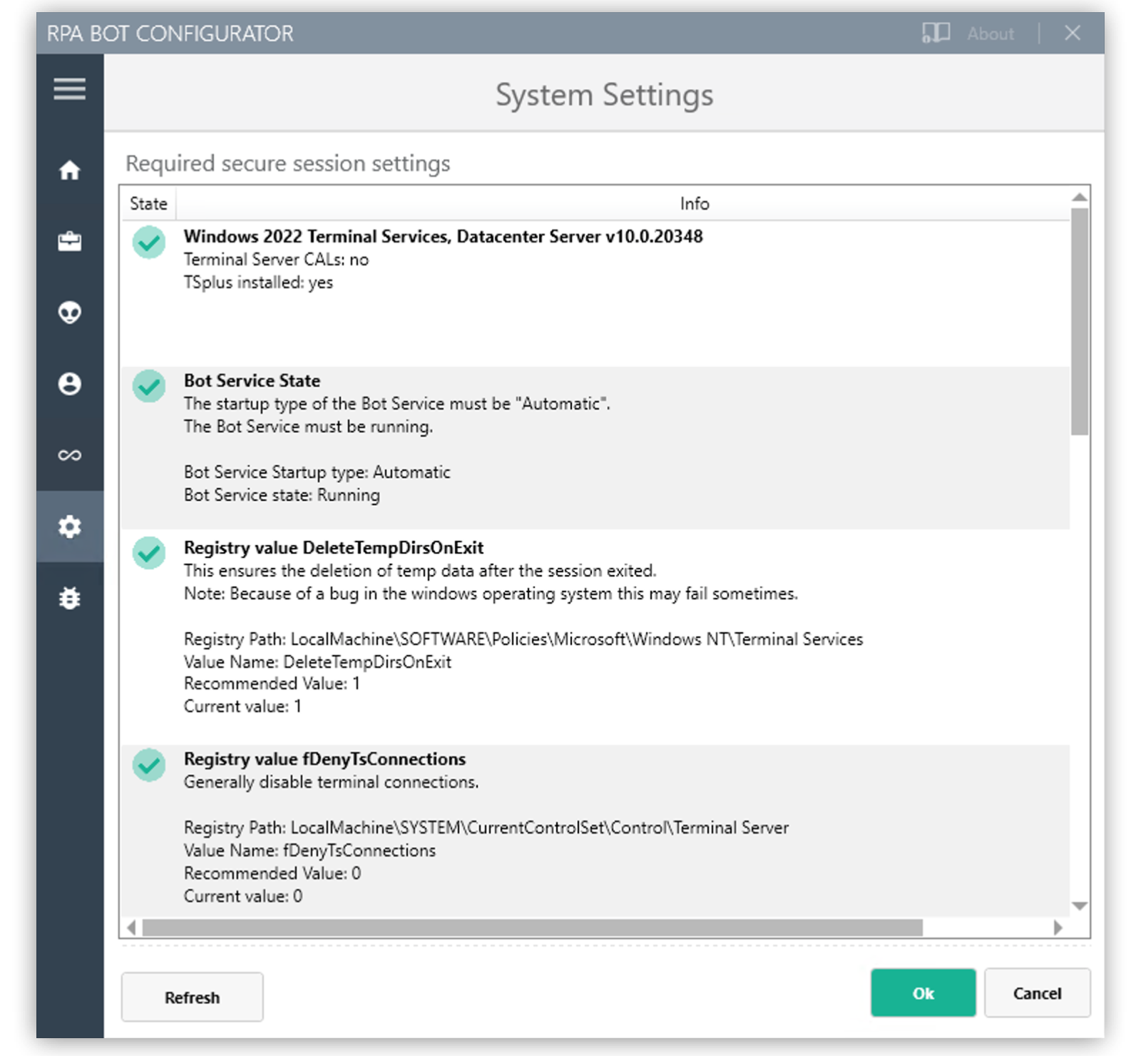 The RPA Bot configurator application showing the System Settings panel