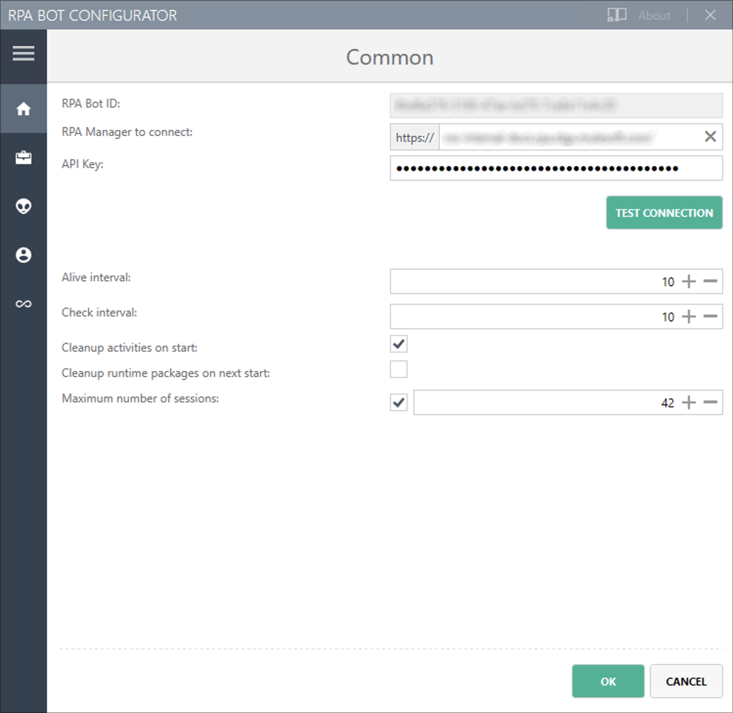 The RPA Bot Configurator application showing the Common settings panel
