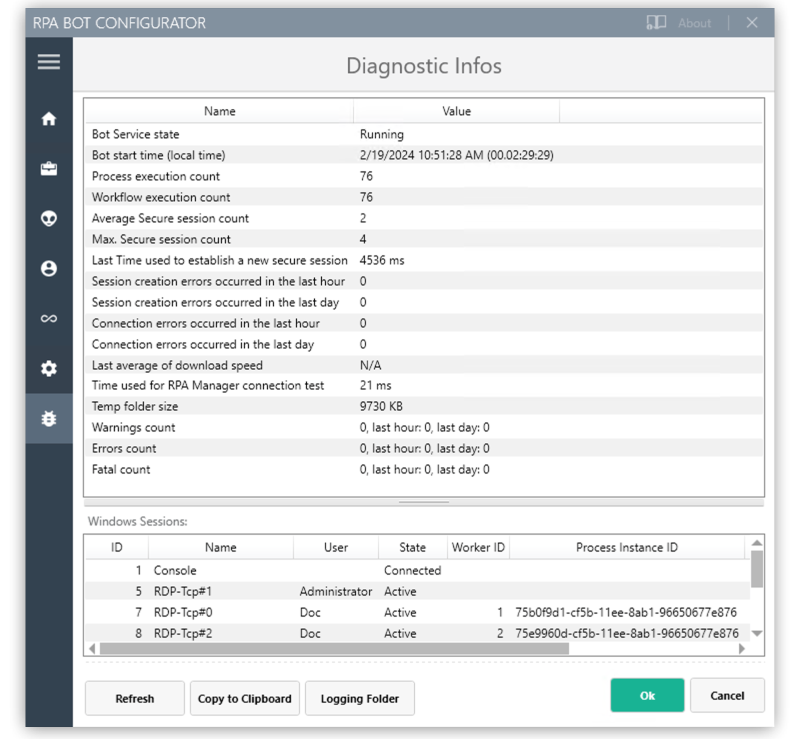 The RPA Bot Configurator application showing the Diagnostic Infos panel
