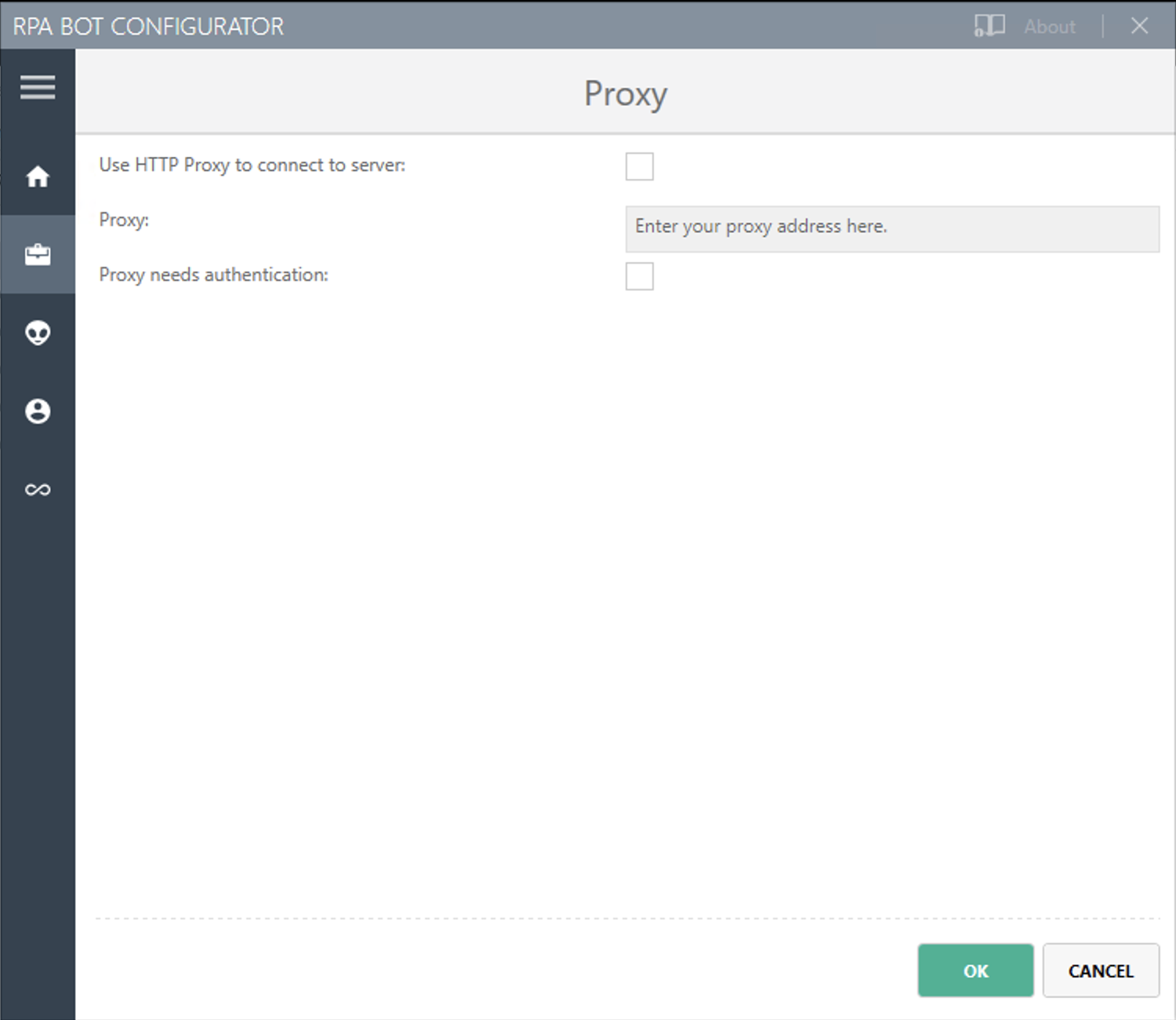 The RPA Bot Configurator application showing the Proxy settings panel