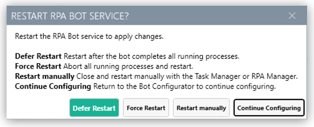 The RPA Bot Configurator application showing the Restart RPA Bot Service dialog