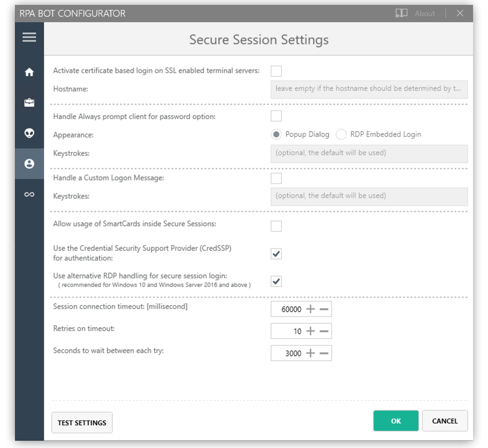 The RPA Bot Configurator application showing the Secure Session Settings panel