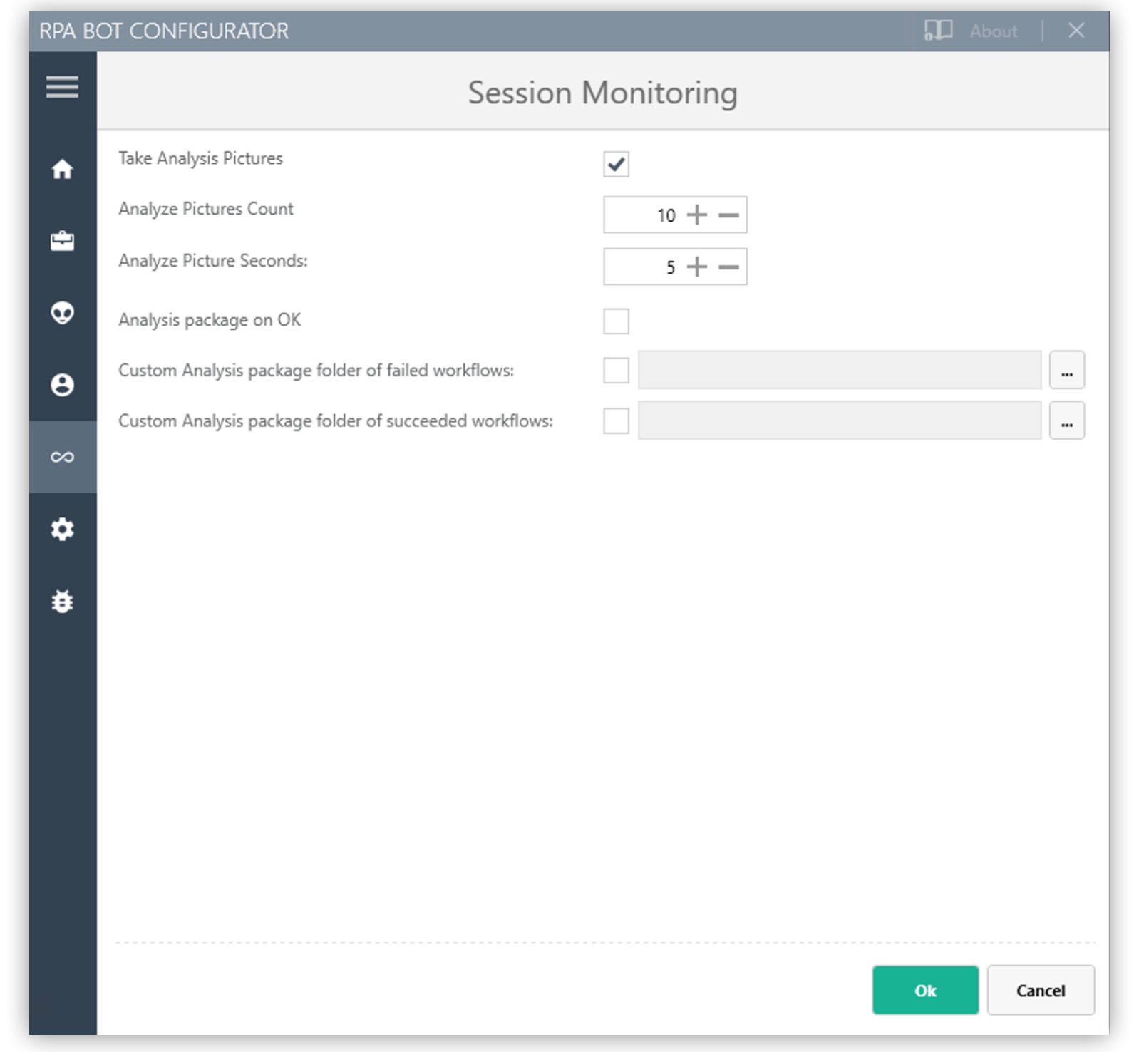 The RPA Bot Configurator application showing the Session Monitoring settings panel
