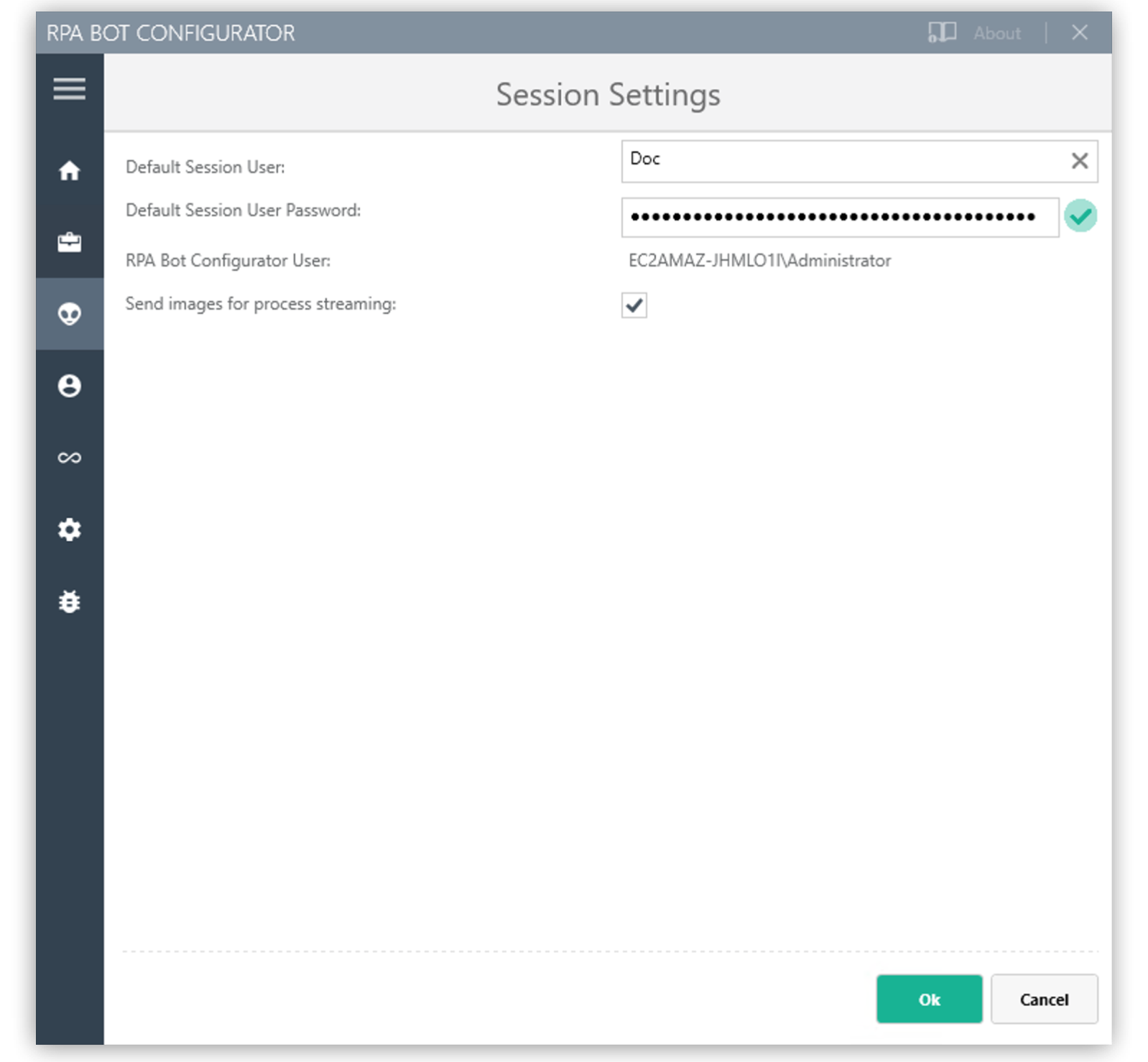 The RPA Bot Configurator application showing the Secure Session settings panel